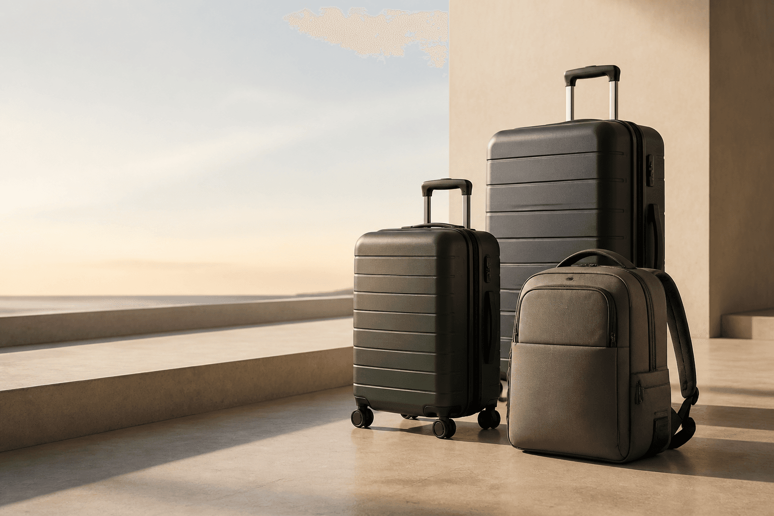 A coordinated set of rolling luggage and a travel backpack